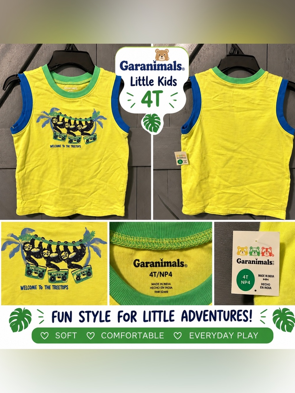 Title: NWT Garanimals Toddler Boys Size 4T Sloth Graphic Muscle Tank Top